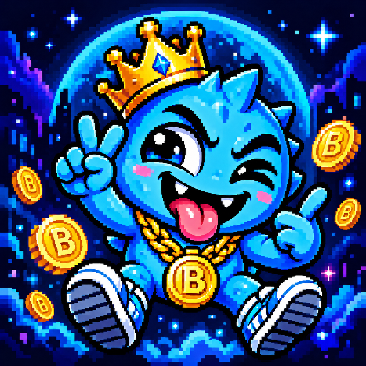 BUBLO, the blue crowned pixel-art mascot surrounded by B coins