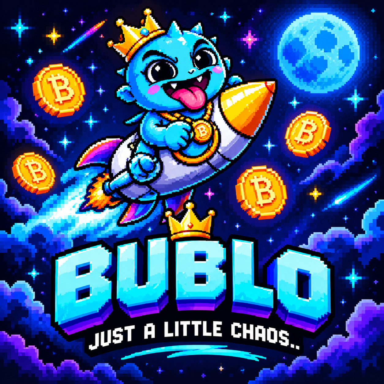 The BUBLO blue crowned mascot with B coins